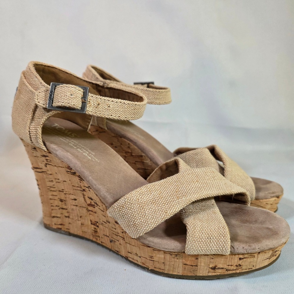 TOMS Sienna Cork Wedge Sandals Womens 6.5 Tan Natural Linen Adjustable Strap
